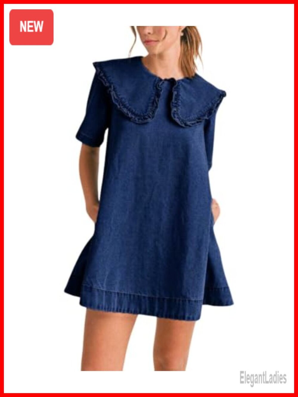 Women's Short Sleeve Mini Denim Shift Dress Peter Pan Collar Loose Fit